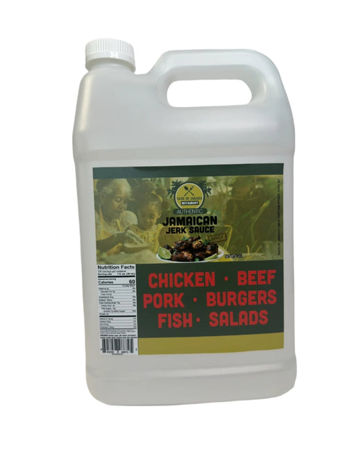 Jug of Jamaican jerk sauce with a label on a white background